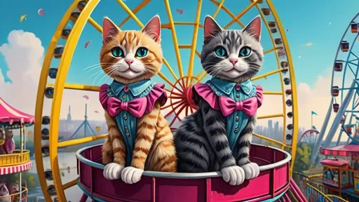 Prompt: cats in dresses riding a ferris wheel, amusement park, vibrant, grim, intricate details, hyperdetailed, 4k, painting, trending on artstation