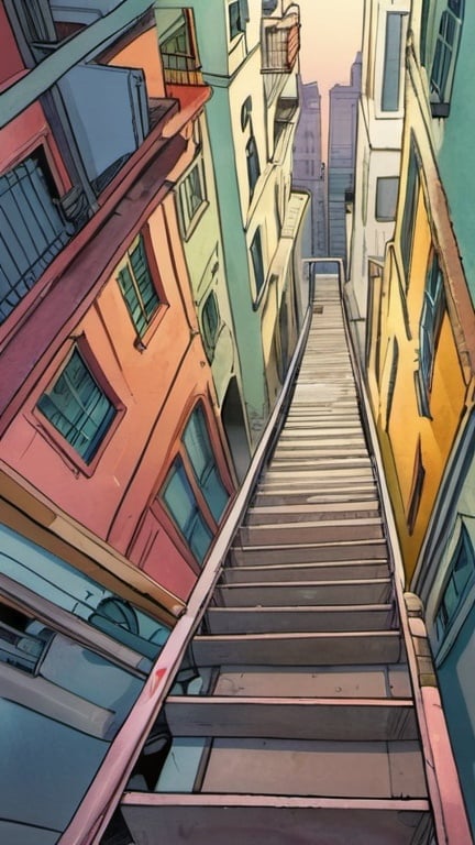 Prompt: looking down at ramp, architecture, comics, flat colors whimsical, scene, illustration, colored pencils, gouache, watercolor, pale palette, grim glow, ink satin, inricate details, hyperdetailed, 2d, 4k