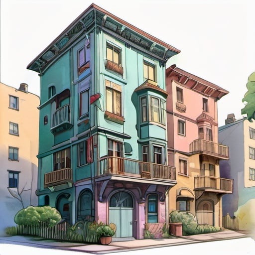 Prompt: three story city house, backyard, architecture, romanticism, comics, flat colors whimsical, scene, art nouveau, illustration, colored pencils, gouache, watercolor, pale palette, grim, glow, ink satin, inricate details, hyperdetailed, 2d, 4k