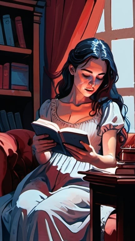 Prompt: flat colors, illustration, gouache, maiden reading a book, watercolor, pale palette, vibrant, grim, smoke, red and blue glow, ink, inricate details, hyperdetailed, 2d, 8k