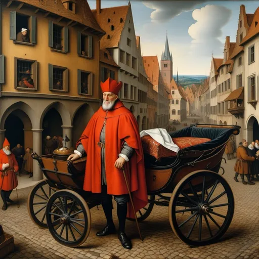 Prompt: Pieter Bruegel the Elder, oil painting ,portrait of a cardinal with a silk handkerchief in a carriage leaves the city, no outline,  grim, intricate details, dim brazen shadows, UHD, Award Winning, Trending on Artstation