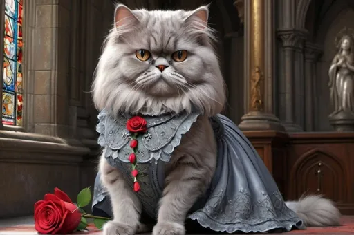 Prompt: grey persian cat in a dress with a rose, royal, luxurious, gothic, church, vibrant, historic, intricate details, hyperdetailed, 4k, painting, trending on artstation