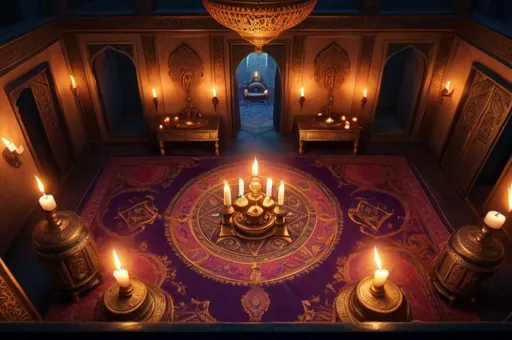 Prompt: secret society, traveling Persia or India, boudoir, mansion, top down view, candles, simbols, vibrant, grim, romantic, hystorical, intricate details, hyperdetailed, 4k, painting, trending on artstation, cinematic, wide shot