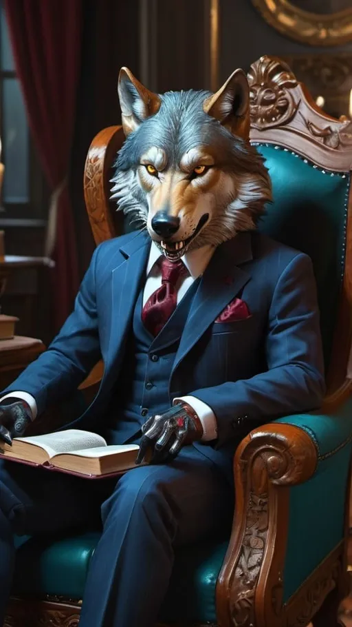 Prompt: wolf in a suit in a chair with a book, luxurious, gothic, vampire slayer, vibrant, historic, intricate details, hyperdetailed, 4k, painting, trending on artstation