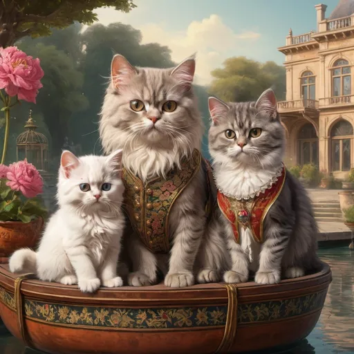 Prompt: persian kittens and a cat dressed gentry, 1800, traveling England, lake, mansion, gardem,  vibrant, grim, romantic, hystorical, intricate details, hyperdetailed, 4k, painting, trending on artstation