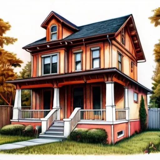 Prompt: two story house illustration, colored pencils, gouache, grim, inricate details, hyperdetailed, 2d, 4k