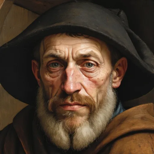 Prompt: Pieter Bruegel the Elder, oil painting, portrait of anyone, no outline,  grim, intricate details, dim brazen shadows, UHD, Award Winning, Trending on Artstation