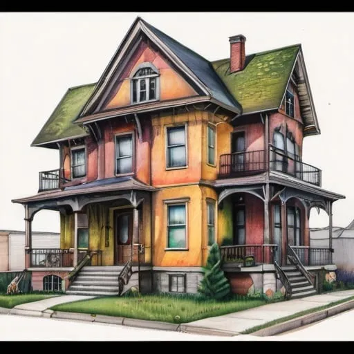 Prompt: two story house spreadsheet, illustration, colored pencils, gouache, watercolor, grim, inricate details, hyperdetailed, 2d, 4k