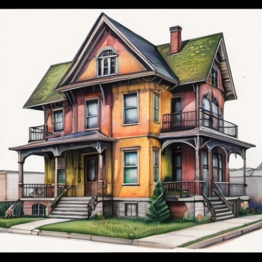 Prompt: two story house spreadsheet, illustration, colored pencils, gouache, watercolor, grim, inricate details, hyperdetailed, 2d, 4k