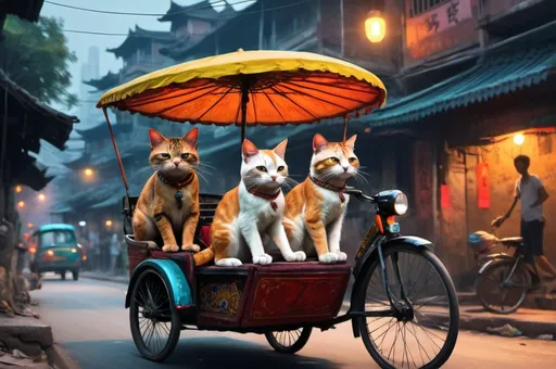 Prompt: cats riding rickshaw, China, India, Cambodia, city, streets vibrant, grim, glow, romantic, hystorical, intricate details, hyperdetailed, 4k, painting, trending on artstation