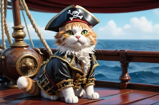 Prompt: pirate cat on a ship deck, luxurious, vibrant, historic, intricate details, hyperdetailed, 4k, painting, trending on artstation, port