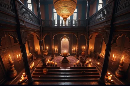 Prompt: secret society, traveling Persia or India, main hall, mansion, stairs, top down view, candles, simbols,  vibrant, grim, romantic, hystorical, intricate details, hyperdetailed, 4k, painting, trending on artstation, cinematic, wide shot