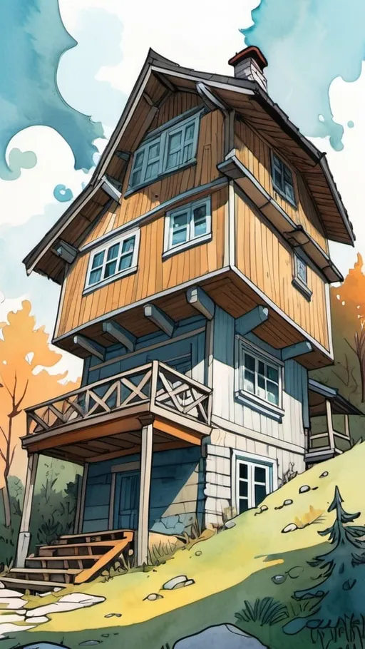 Prompt: looking up at a achalet timber house, architecture, comics, flat colors whimsical, scene, illustration,  gouache, watercolor, pale palette, grim glow, ink, inricate details, hyperdetailed, 2d, 4k