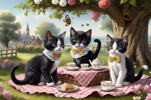 Prompt: 3 black and 1 white kittens having a picnic or tea party under the tree, dressed gentry, 1800, France, field, fence, flowers, bee, vibrant, grim, romantic, hystorical, intricate details, hyperdetailed, 4k, painting, trending on artstation