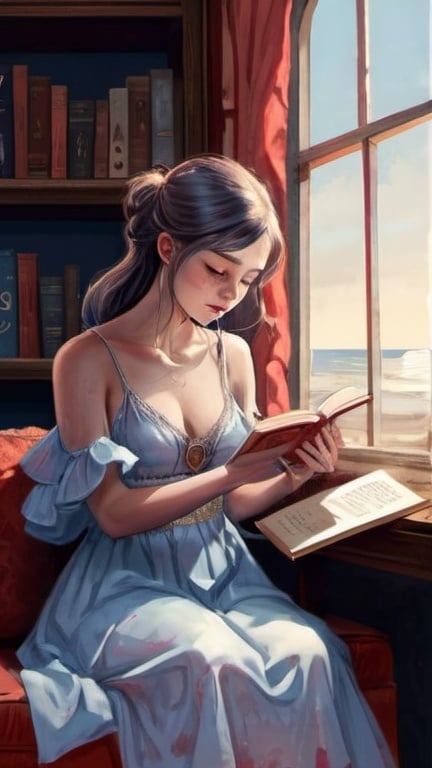 Prompt: flat colors, illustration, gouache, maiden reading a book, no outline, watercolor, pale palette, grim,  red and blue glow, ink inricate details, hyperdetailed, 2d, 8k