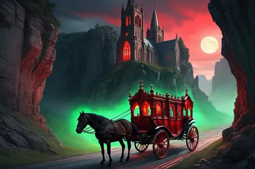 Prompt: escaping gothic church in a carriage with a horse, in a hurry, precipitous cliff, wavy road, night, red and green glow, vibrant, grim, hystorical, intricate details, hyperdetailed, 4k, painting, trending on artstation
