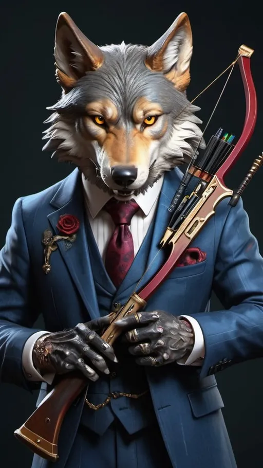 Prompt: wolf in a suit with a crossbow, luxurious, gothic, vampire slayer, vibrant, historic, intricate details, hyperdetailed, 4k, painting, trending on artstation