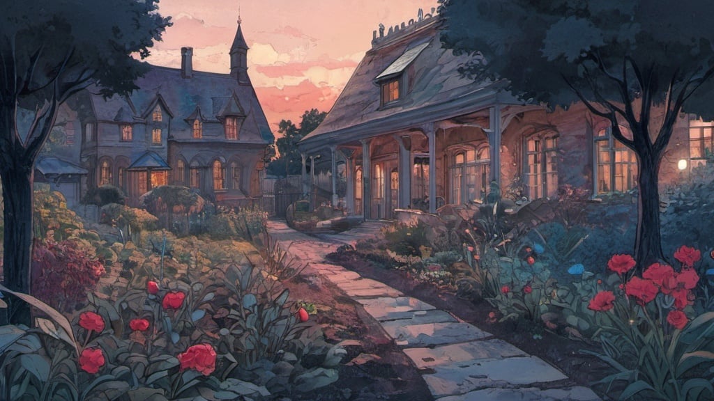 Prompt: garden, architecture, comics, flat colors, illustration, gouache, watercolor, pale palette, grim, red and blue glow, ink, inricate details, hyperdetailed, 2d, 8k