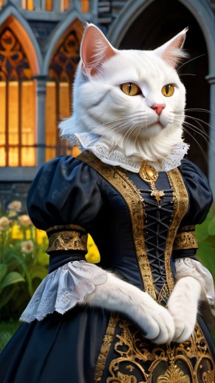 Prompt: a cat in veding gentry dress, 1880, luxurious, gothic, day or night, glow, garden, church, vibrant, historic, intricate details, hyperdetailed, 4k, painting, trending on artstation