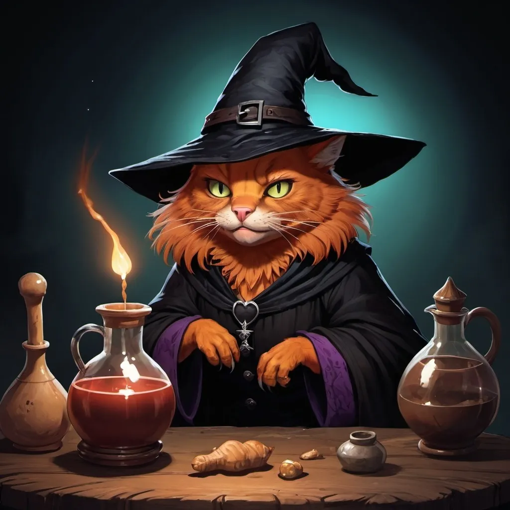 Prompt: crow, potion,  ginger cat, witcher, witch, long nose, dark, glow, hd, caricature