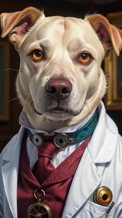 Prompt: dog in scrubs with a monocle, oldhospital, gothic, vampire slayer, vibrant, historic, intricate details, hyperdetailed, 4k, painting, trending on artstation