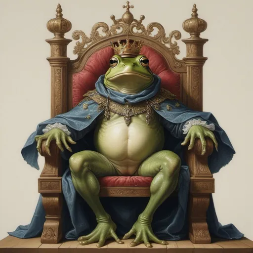 Prompt: Albrecht Durer, oil painting, illustration, frog prince sitting in his throne on a lili pad,  no outline,  vibrant, intricate details, dim brazen shadows, UHD, Award Winning, Trending on Artstation