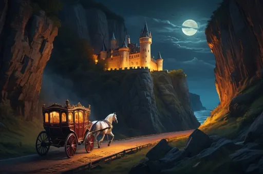 Prompt: escaping castle in a carriage with a horse, in a hurry, precipitous cliff, wavy road, night, glow, vibrant, grim, hystorical, intricate details, hyperdetailed, 4k, painting, trending on artstation