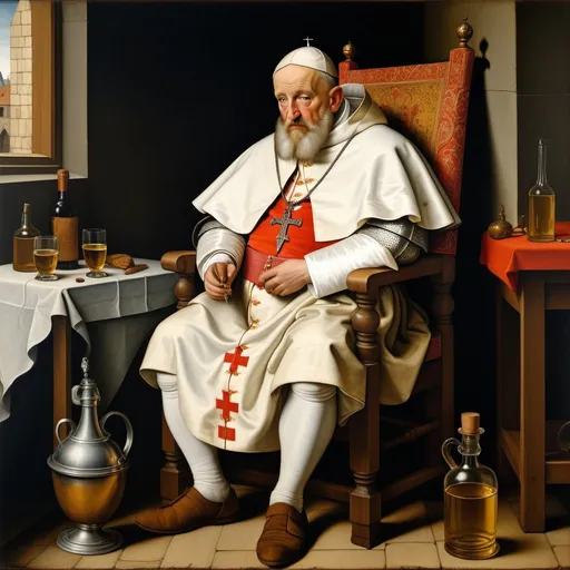 Prompt: Pieter Bruegel the Elder, oil painting, full body portrait of a drunken pope, no outline,  grim, intricate details, dim brazen shadows, UHD, Award Winning, Trending on Artstation