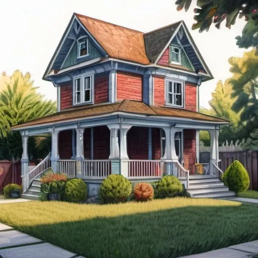 Prompt: two story house, backyard, illustration, colored pencils, gouache, watercolor, grim, inricate details, hyperdetailed, 2d, 4k