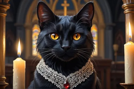 Prompt: a black straight hair cat in toxedo, wedding, royal, luxurious, gothic, night, glow, candles, church, mansion, vibrant, historic, intricate details, hyperdetailed, 4k, painting, trending on artstation