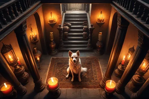 Prompt: dogs dressed gentry,  secret society, traveling Persia or India, basement, mansion, stairs, top down view, candles, simbols,  vibrant, grim, romantic, hystorical, intricate details, hyperdetailed, 4k, painting, trending on artstation, cinematic, wide shot