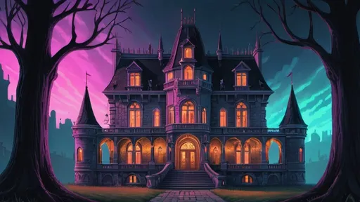 Prompt: Nádasdy - Kastély, Nadasdy, mansion, castle, illustration, colored pencils, gouache, neon glow, grim, itricate details, hyperdetailed, 2d, 4k