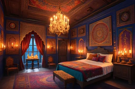 Prompt: secret society, traveling Persia or India, bedroom, mansion, candles, flowers, simbols, vibrant, grim, romantic, hystorical, intricate details, hyperdetailed, 4k, painting, trending on artstation, cinematic, wide shot