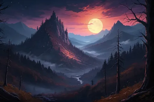 Prompt: msoky mountain, deep South, forest, a lot of sky, vibrant, grim, romantic, night, eary glow, hystorical, intricate details, hyperdetailed, 4k, painting, trending on artstation