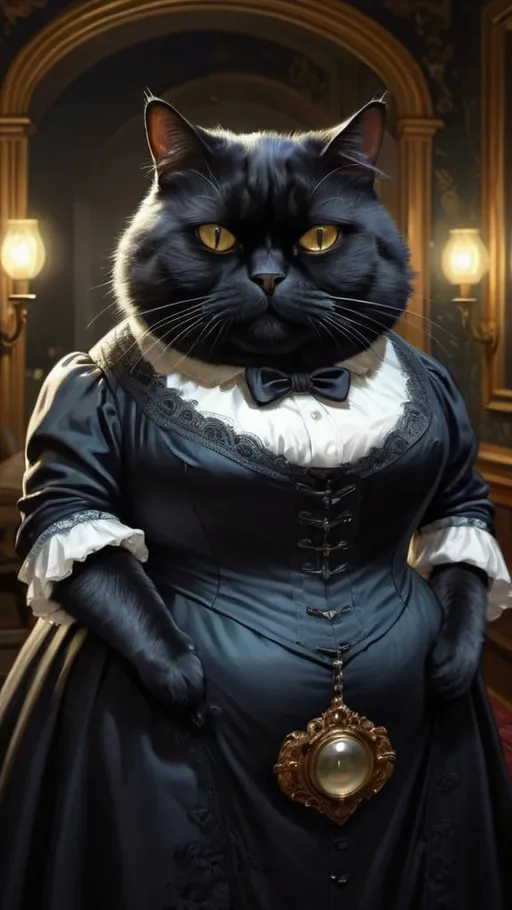 Prompt: black fat cat in a gentry dress, 1880,luxurious, gothic, night, glow, mansion, vibrant, historic, intricate details, hyperdetailed, 4k, painting, trending on artstation