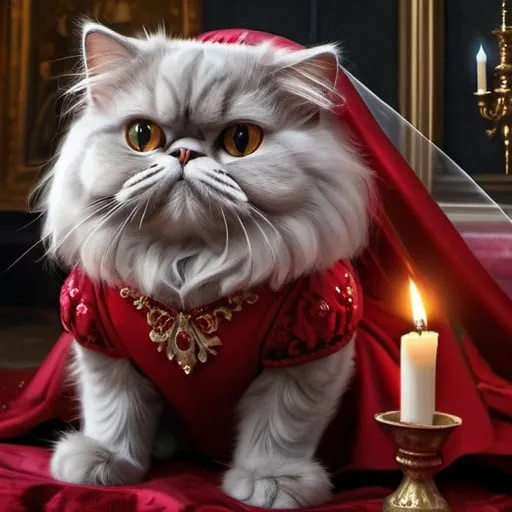 Prompt: grey persian cat in a dark red wedding dress with a bouquet with a veil, royal, luxurious, gothic, night, glow, candles, church, mansion, vibrant, historic, intricate details, hyperdetailed, 4k, painting, trending on artstation