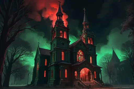 Prompt: smoky church, eerie, grim, romantic, night, deem red and green glow, hystorical, intricate details, hyperdetailed, 4k, painting, trending on artstation