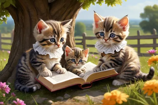 Prompt: 3 kittens reading books under the tree,  dressed gentry, 1800, France, field, fence, flowers, bee, vibrant, grim, romantic, hystorical, intricate details, hyperdetailed, 4k, painting, trending on artstation