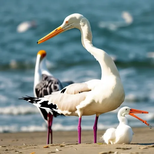 Prompt: A seagul on the beach with a stork in its beak. 