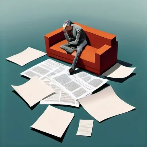 Prompt: Surrealist illustration of a weary figure, surrounded by scattered papers, surreal busy environment, intense and surreal lighting, highres, ultra-detailed, surrealism, weary expression, detailed papers, professional, surreal lighting, surreal background