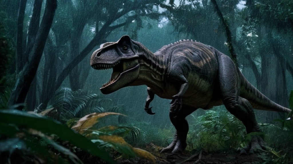 Prompt: A full feathered T-Rex with mouth closed and feathers watching a triceratops in a very dark rainy forest at dusk. Historically accurate colors, feathers must be present and photoreal background. Must not look like a painting. Must be bird like.