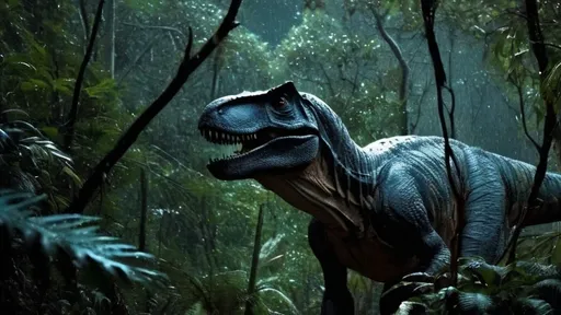 Prompt: A full feathered T-Rex, mouth closed and feathers watching in a very dark rainy forest at dusk. Historically accurate colors, feathers must be present and photoreal background. Must not look like a painting. Must be bird like.