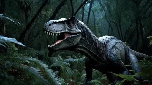 Prompt: A full feathered T-Rex, muddy, mouth closed and feathers watching in a very dark rainy forest at dusk. Historically accurate colors, feathers must be present and photoreal background. Must not look like a painting. Must be bird like.