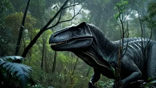 Prompt: A full feathered dark T-Rex, dusty, mouth closed and feathers watching in a very dark rainy forest at dusk. Historically accurate colors, feathers must be present and photoreal background. Must not look like a painting. Must be bird like.