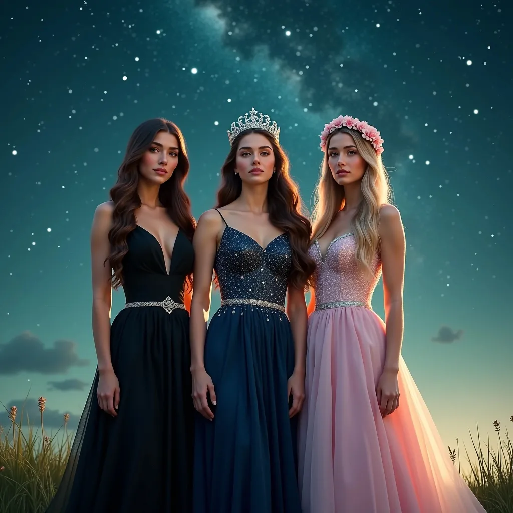Prompt: three sisters of royal decent, late 20s.
One sister wears a long black dress, she has long dark brown hair. 

Another sister wears a shimmering dark blue dress, with a silver crown adorning her light brown hair. 

Another sister wears a light pink gown, a flower crown adorns her long blonde hair.

A fantasy, starlit evening background, serene ambiance, (highly detailed) 4K resolution, (captivating color tones) harmonizing blues and greens, enchanting atmosphere, low angle perspective for grandeur.