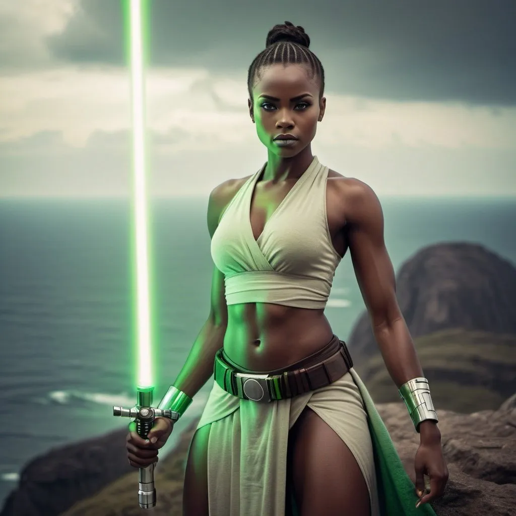 Prompt: strong statuesque and fit beautiful african female jedi standing on a mountain top with the sea down below, she's a green lightsaber, she is tall and muscular, gorgeous, symmetrical facial features,  desaturated, spraying waves, curvy