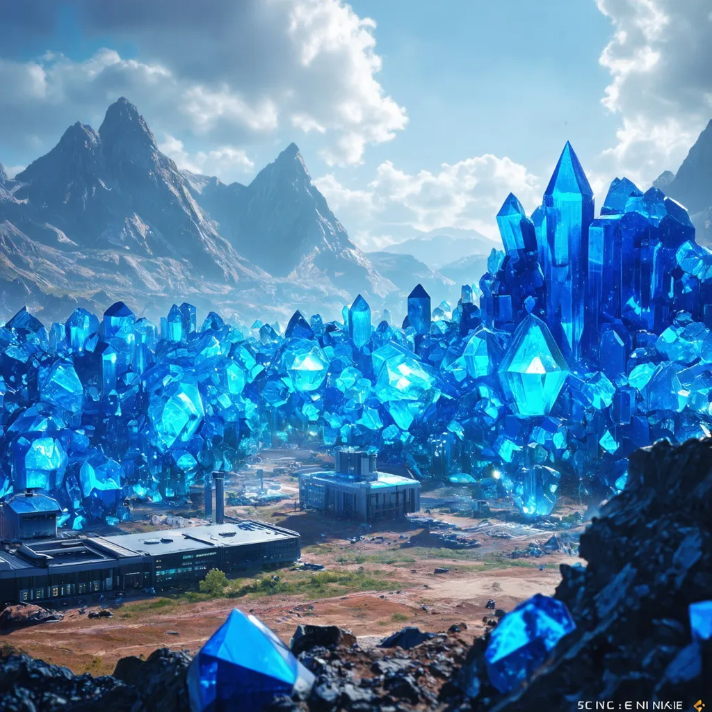 Prompt: Bright blue crystals are creating an enormous power source in a large open land with mountains. There are research facilities bundled together