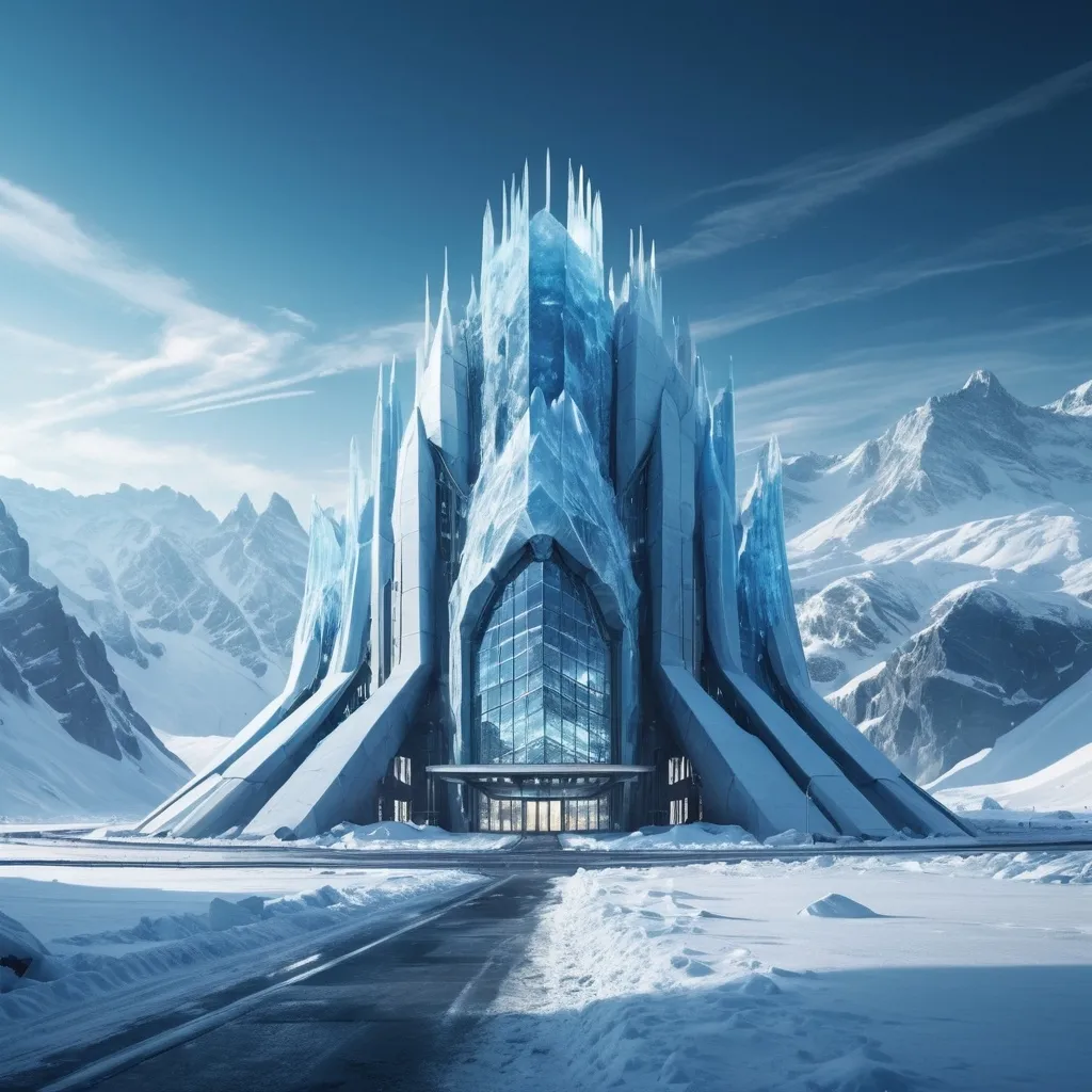 Prompt: Centre building with an enormous fusion plant in the ice mountains. 