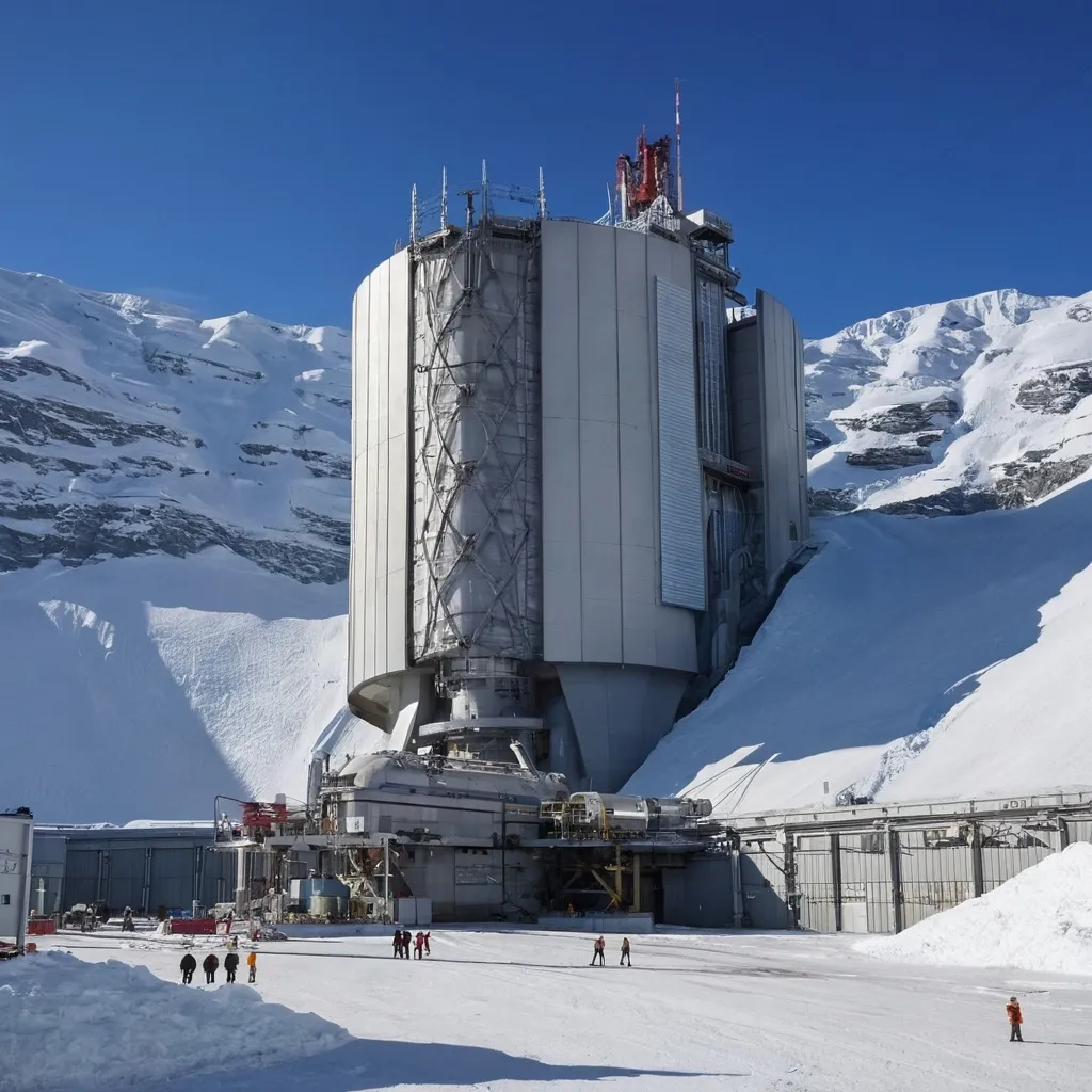 Prompt: Centre building with an enormous fusion plant in the ice mountains. 