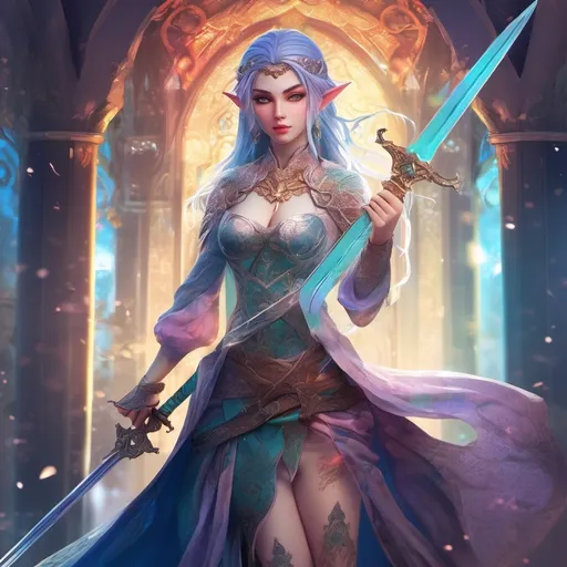 Prompt: Verry attractive anime female elf holding her sword over her body